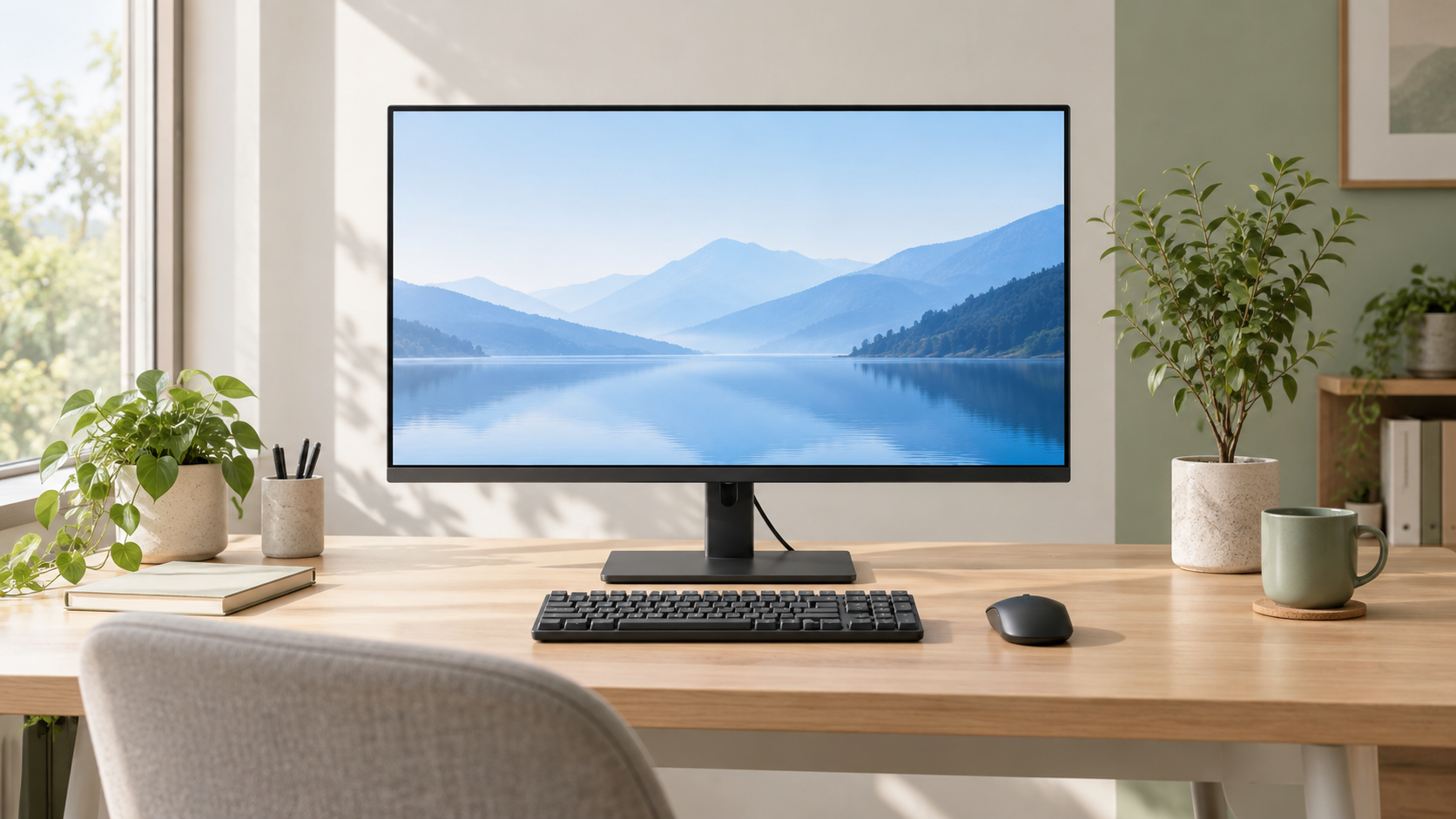 広さに余裕を残してモニターとキーボードを配置したデスクのイメージ