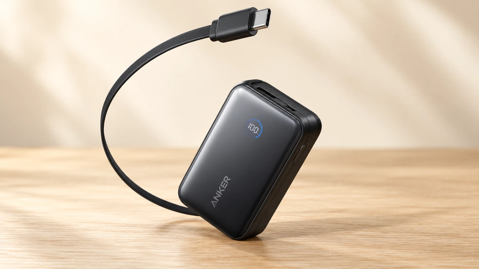 USB-Cケーブルを備えた黒いモバイルバッテリーの参考イメージ