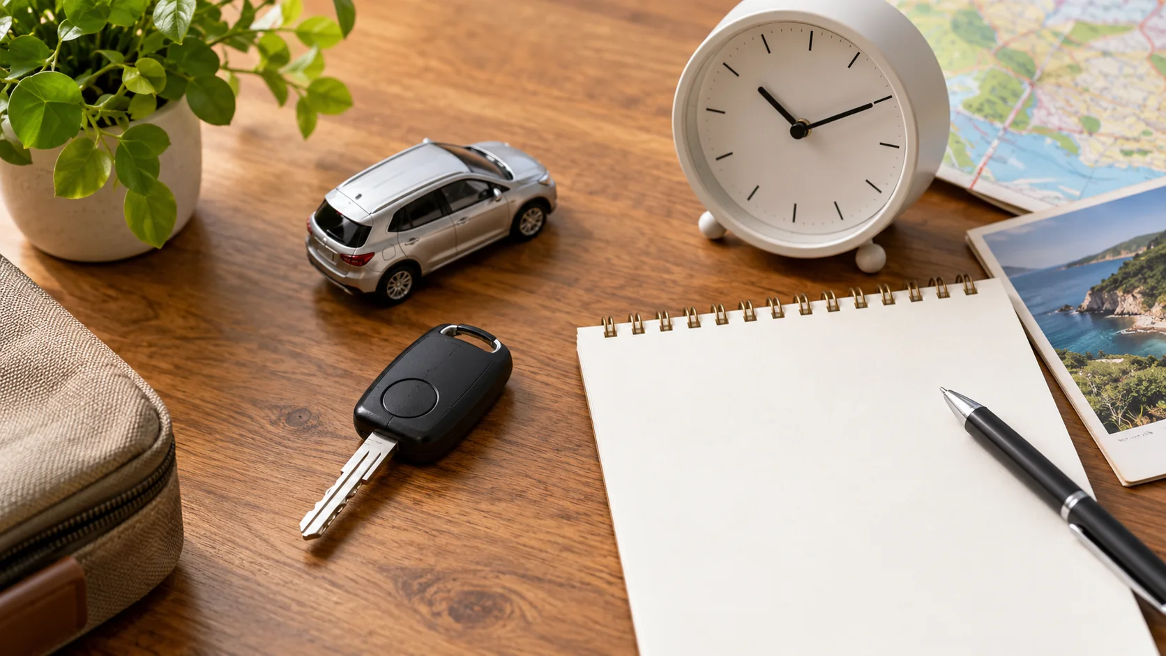 旅の予定を考える机に置いた時計、鍵と小さな車
