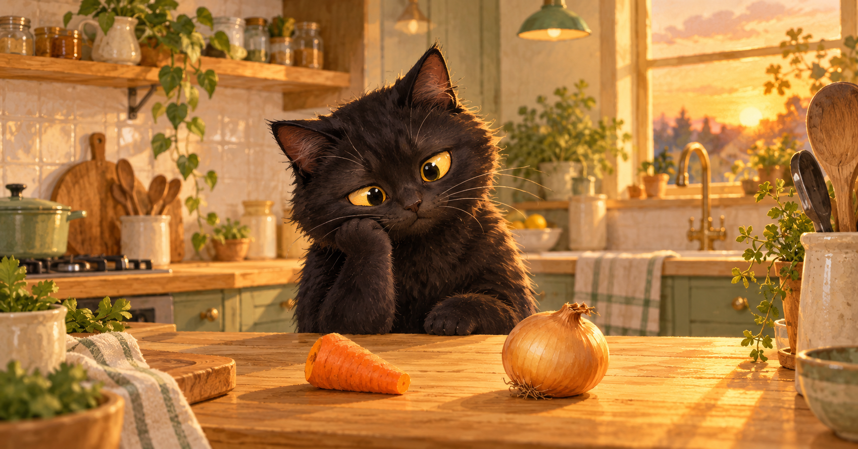 夕食の献立に悩む黒猫アルのイラスト